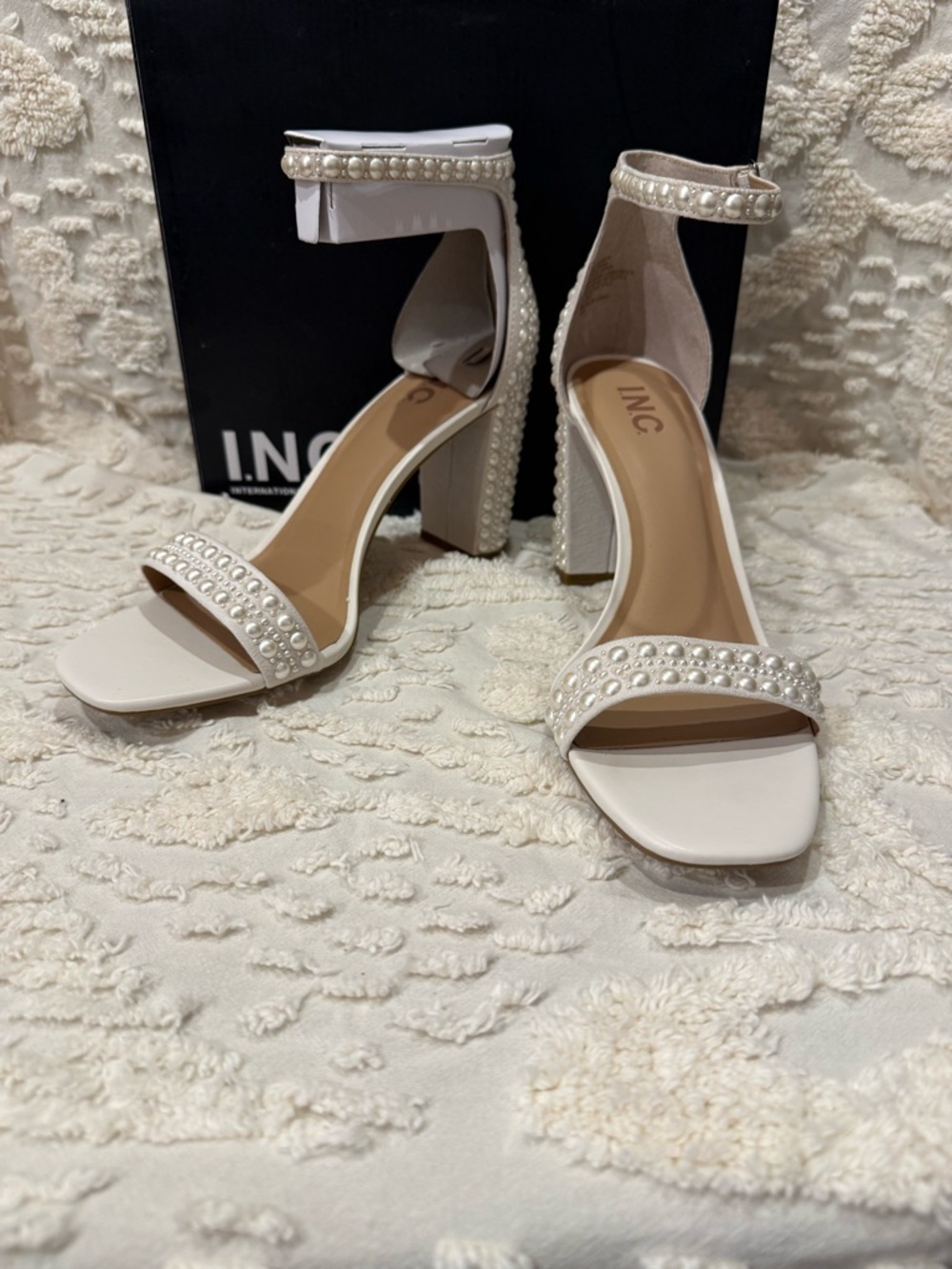INC International Concepts Ivory Pearl-Embellished Block Heel Sandals #628